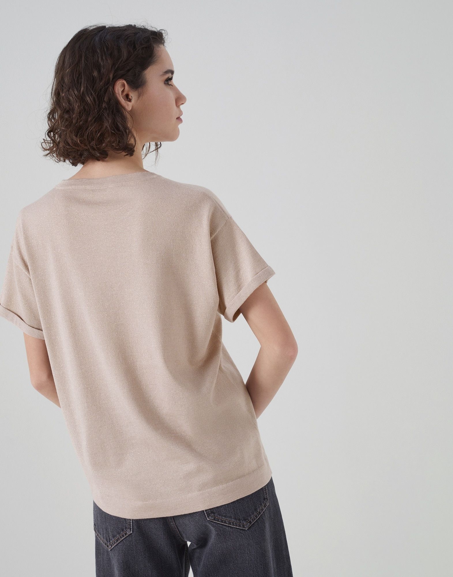 Brunello Cucinelli o1la1rc1a0325 Cashmere T-Shirt With Lurex in Beige Size L / US 10 / IT 46 - 3 Thumbnail