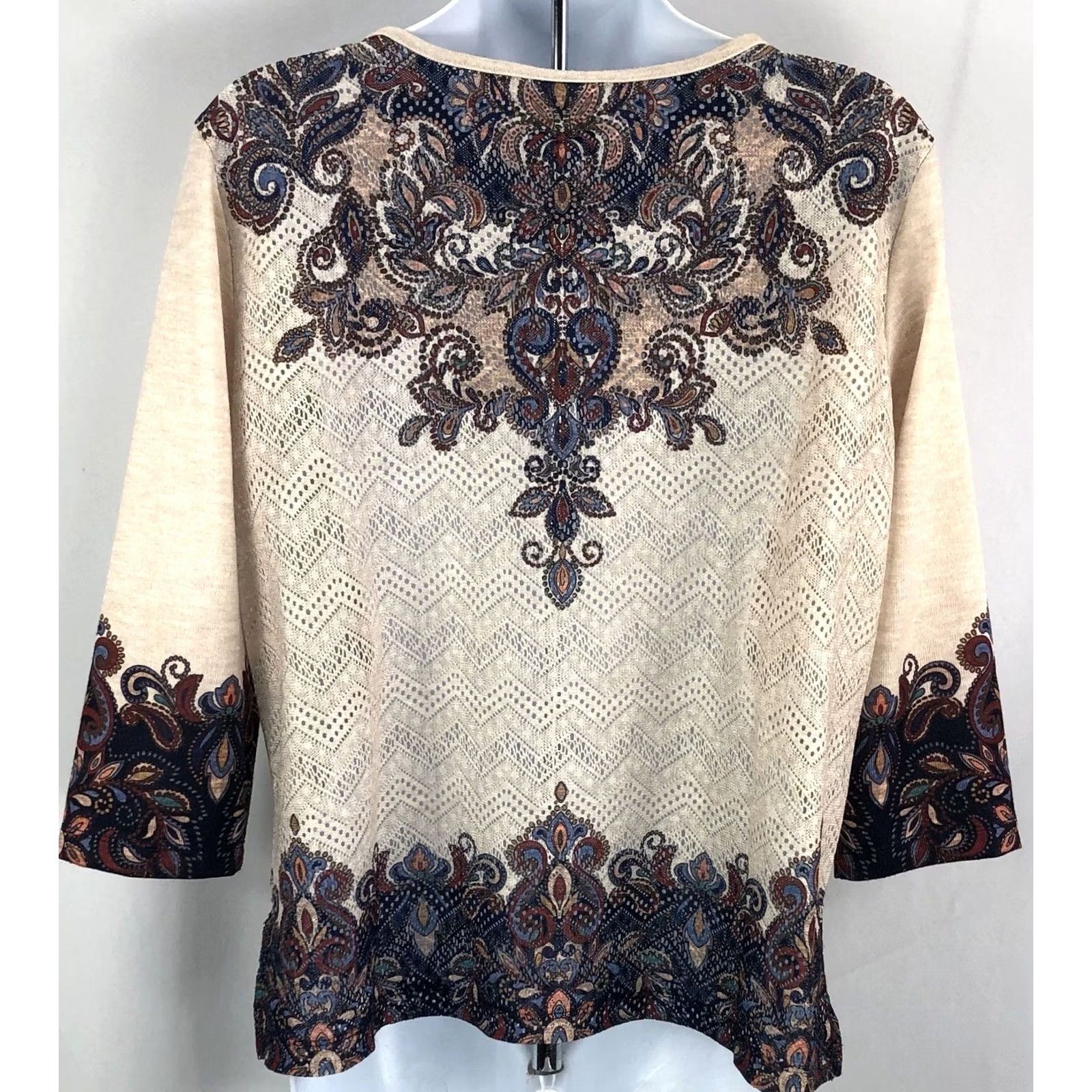 Vintage Alfred Dunner Knit Pull Over Top PM Tan Multi Geo Beaded Crochet 3/4 Sleeve Size M / US 6-8 / IT 42-44 - 3 Thumbnail