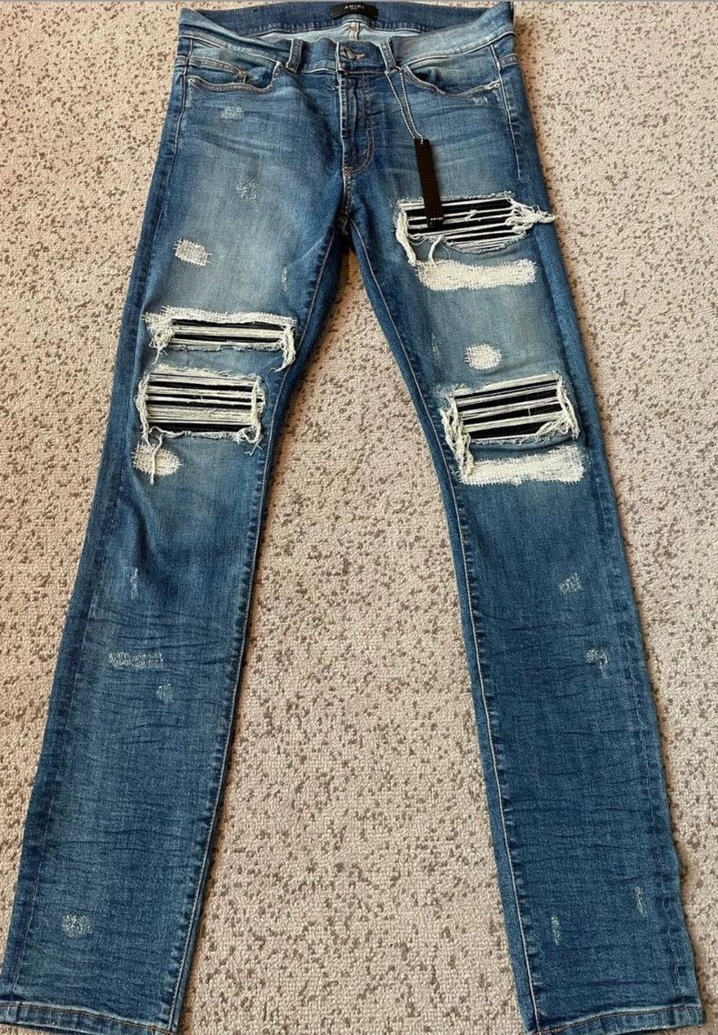 Amiri Amiri old-style patchwork leather pleated blue denim pants Size US 32 / EU 48 - 1 Thumbnail