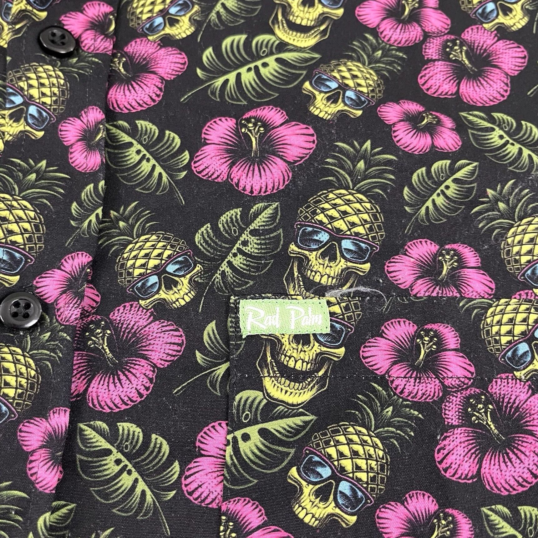 Vintage RAD PALM Shirt Mens Medium Black Pineapple Head Skeleton Stretch Button Down S/S Size US M / EU 48-50 / 2 - 2 Thumbnail
