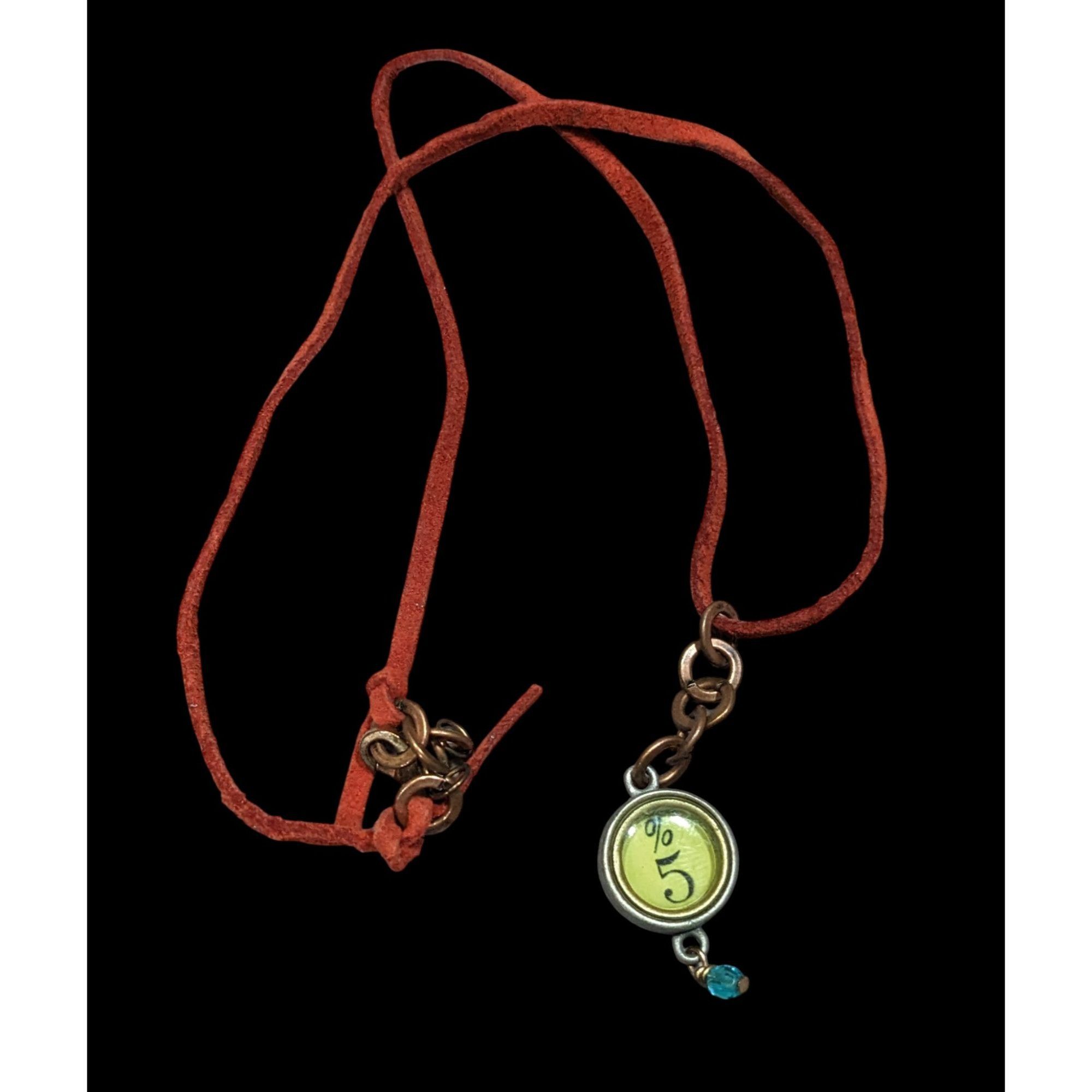 Handmade Handcrafted Steampunk Red Suede Necklace With %5 Green Charm Size ONE SIZE - 1 Thumbnail
