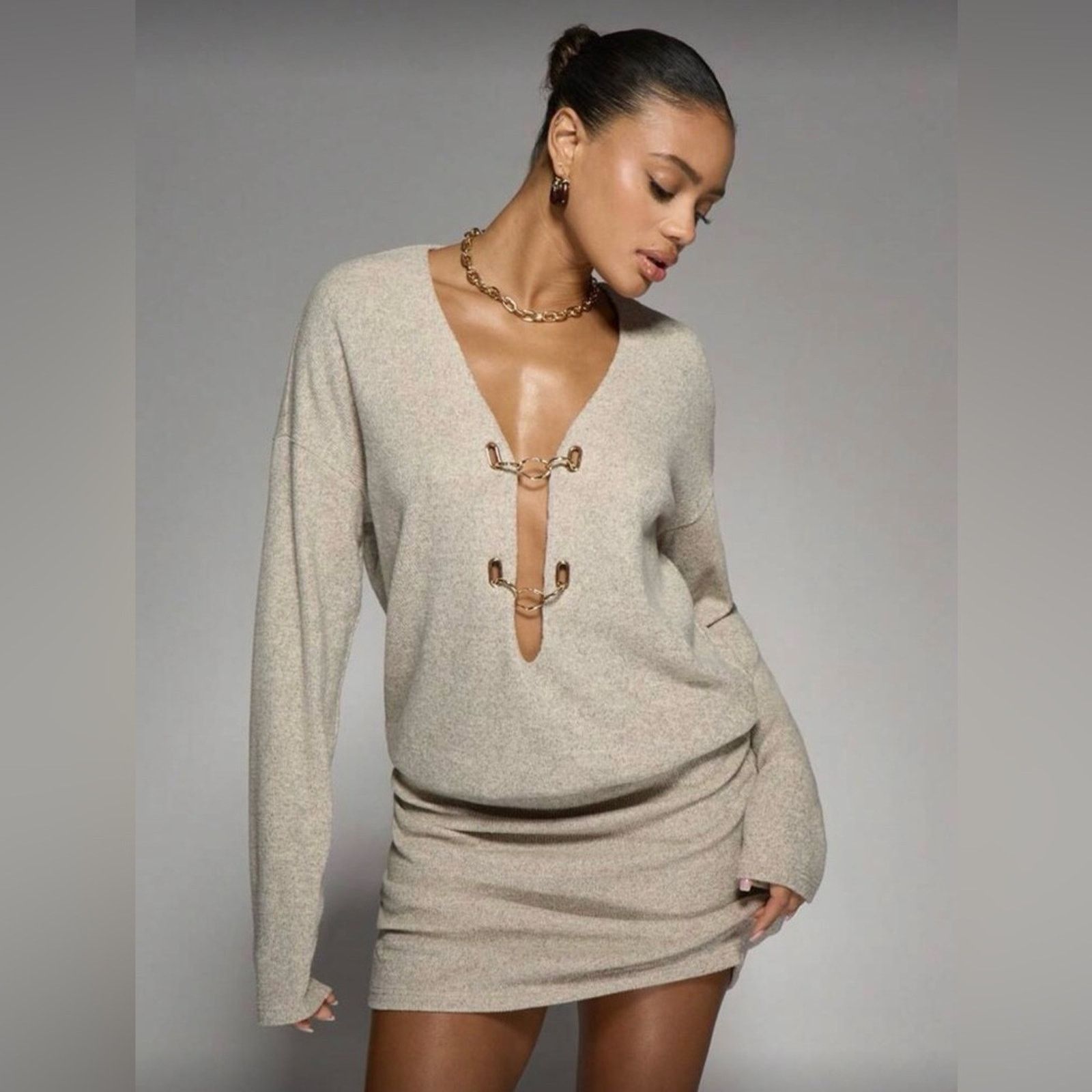 Other New Y2K Chic Beige Sweater Dress with Gold Accents size XS Size S / US 4 / IT 40 - 1 Thumbnail