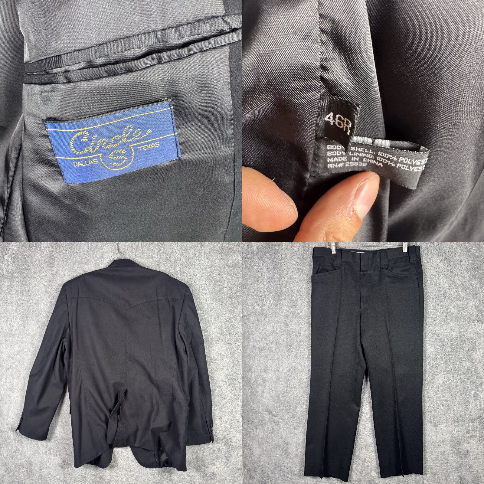 Vintage VINTAGE Circle S Suit Men 46R Western Cowboy 34x28 2 Piece Suede Black Solid 80s 90s Mens Regular Jacket Front Button two-button bootcut Size 46R - 8 Thumbnail