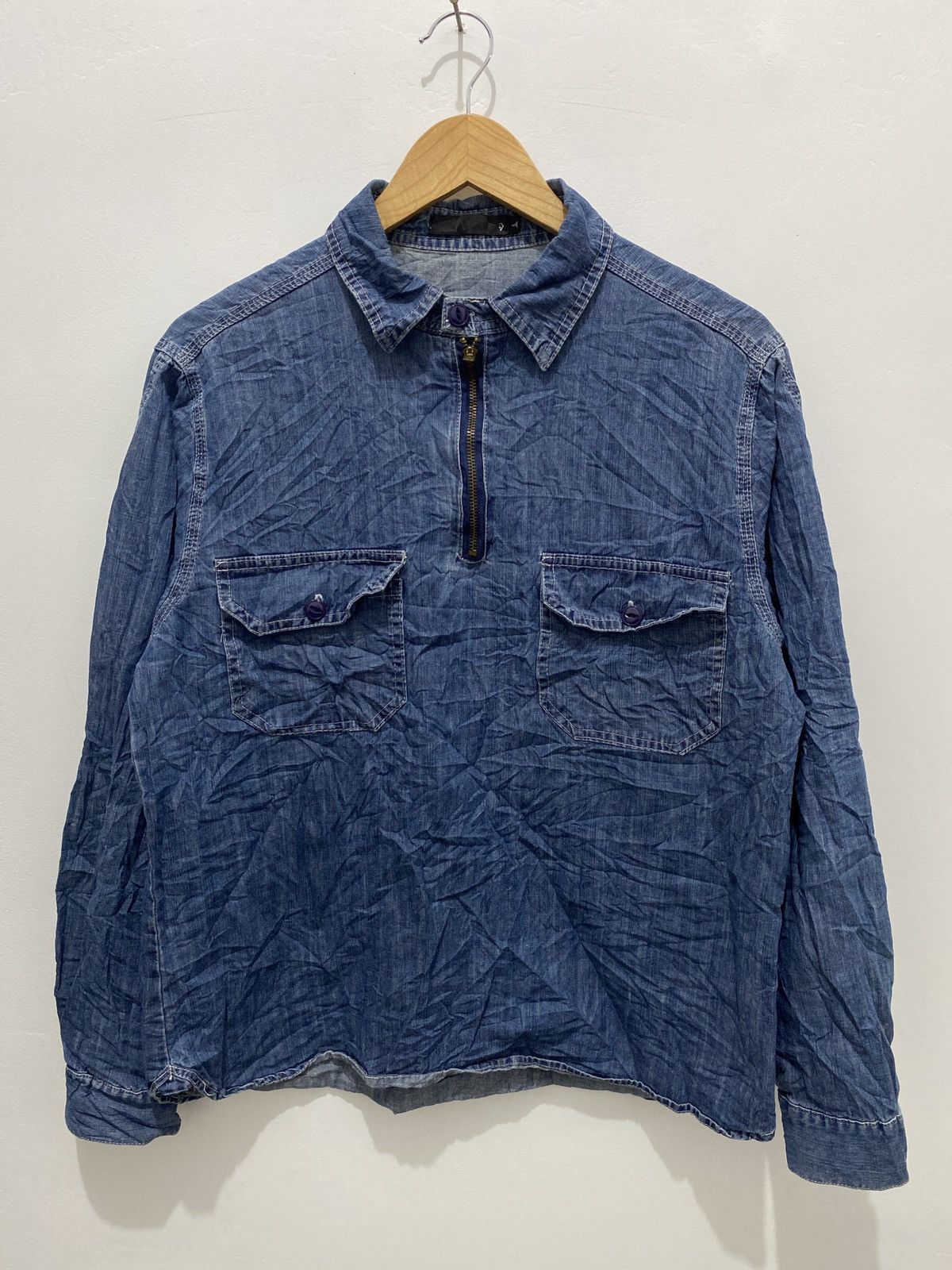Raw Denim zipup pullover weathering denim shirt