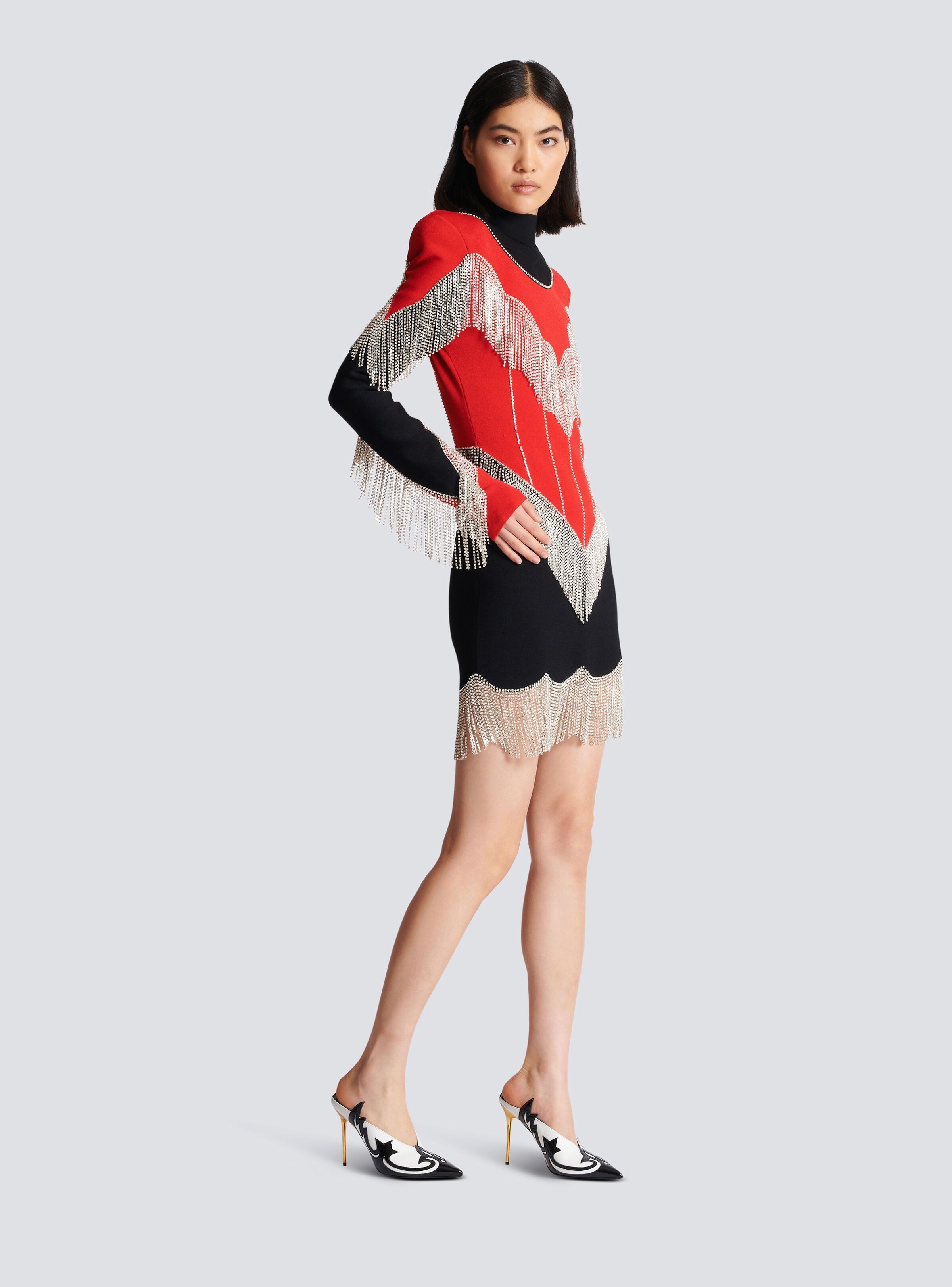 Balmain o1s1wg110825 Fringed Knit Dress in Black/Red Size M / US 6-8 / IT 42-44 - 4 Thumbnail