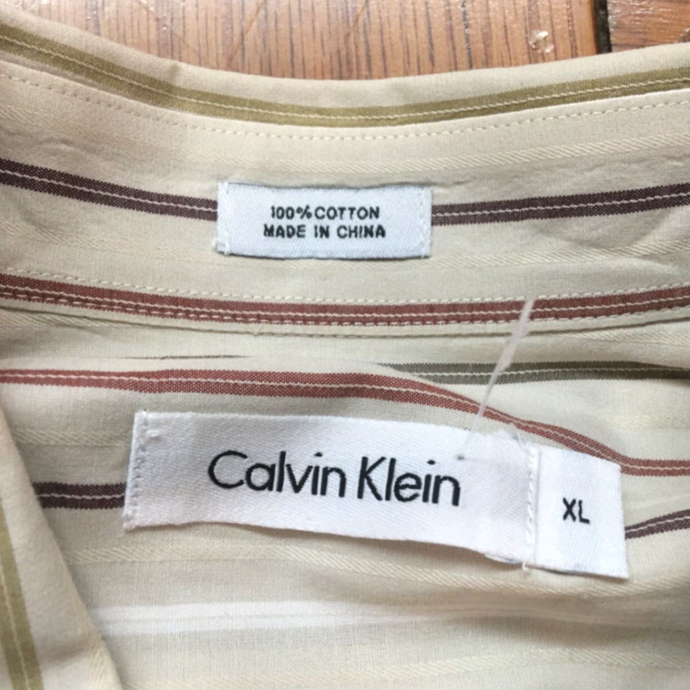 Calvin Klein Calvin Klein Mens Striped 100% Cotton Long Sleeve Button Down Tan Shirt Size XL Size US XL / EU 56 / 4 - 5 Thumbnail