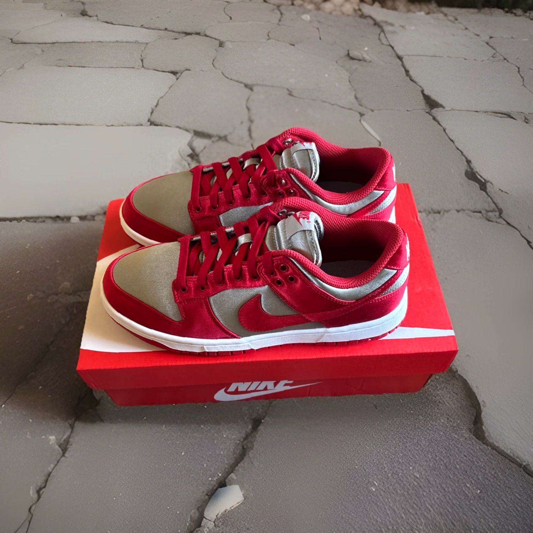 Nike Nike Dunk Low Satin Sneaker Women 8.5 Grey Varsity Red White Deadstock DX5931-001 Size US 9 / IT 39 - 2 Thumbnail