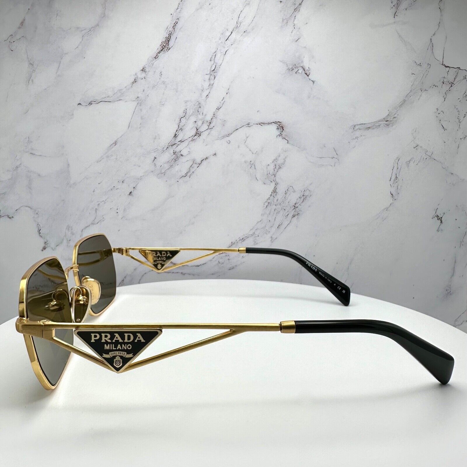 New Prada Sunglasses Gold Metal Black Plaque Triangle Logo