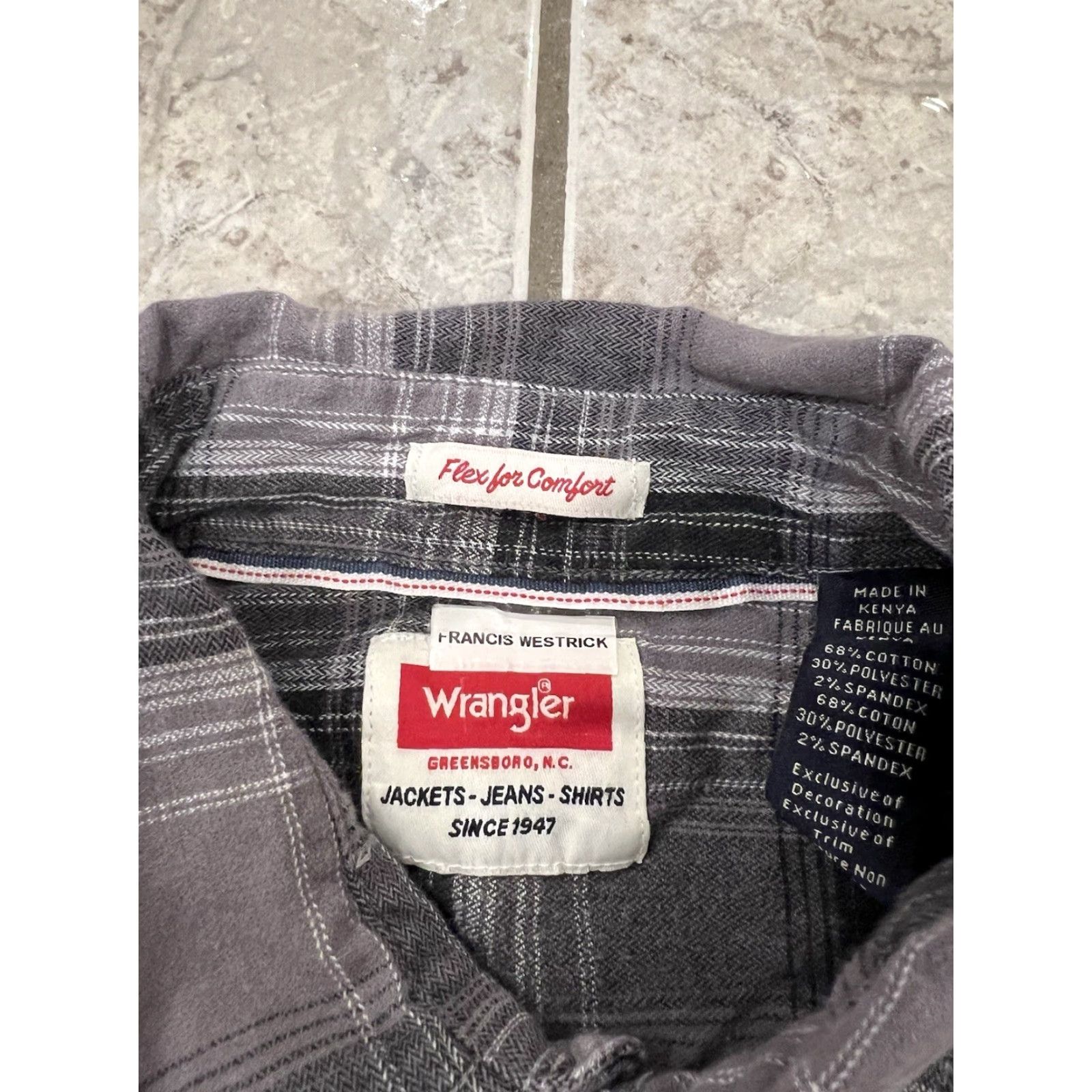 Wrangler WRANGLER Shirt Plaid Long Sleeve Slim Button-Up Men's Large Black Gray Flannel Casual Workwear Size US L / EU 52-54 / 3 - 4 Thumbnail