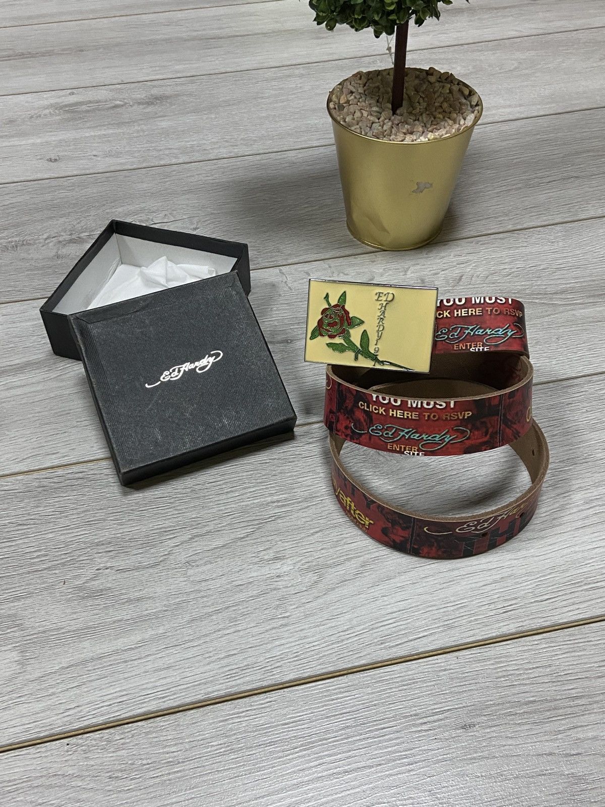 Christian Audigier × Ed Hardy × Vintage Ed Hardy rose 🌹 vintage leather belt over print big buckle Size ONE SIZE - 1 Thumbnail