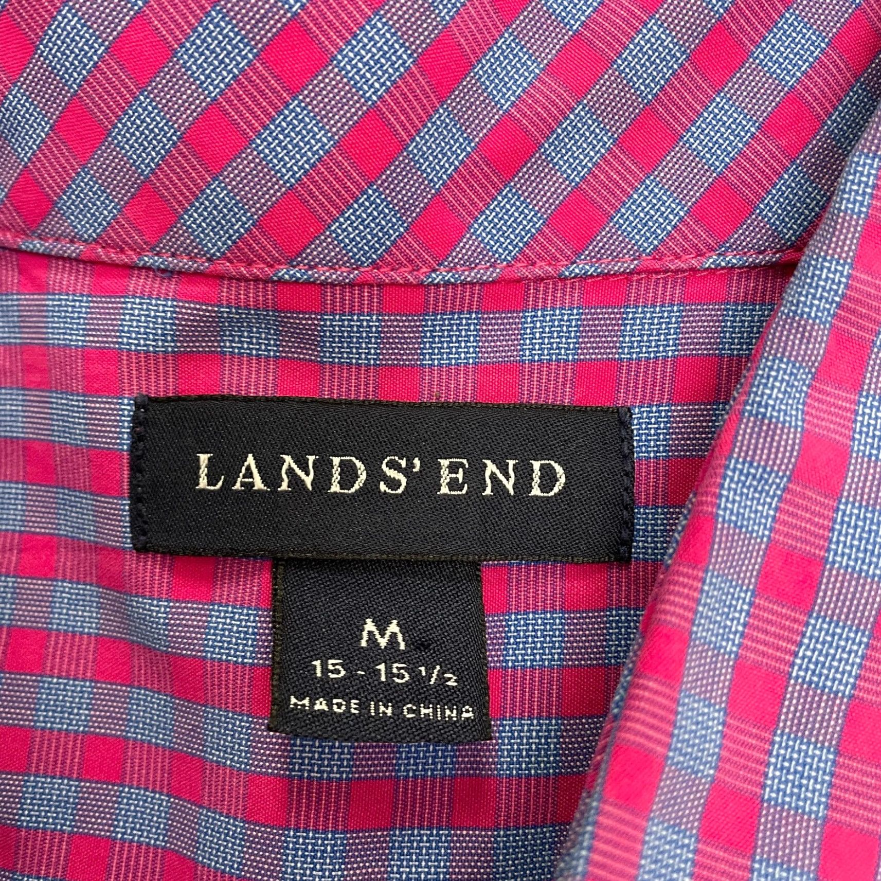 Lands' End Lands' End Dress Shirt Mens M 15-15.5 Pink Blue Plaid 100% Cotton Workwear Size 40R - 5 Thumbnail