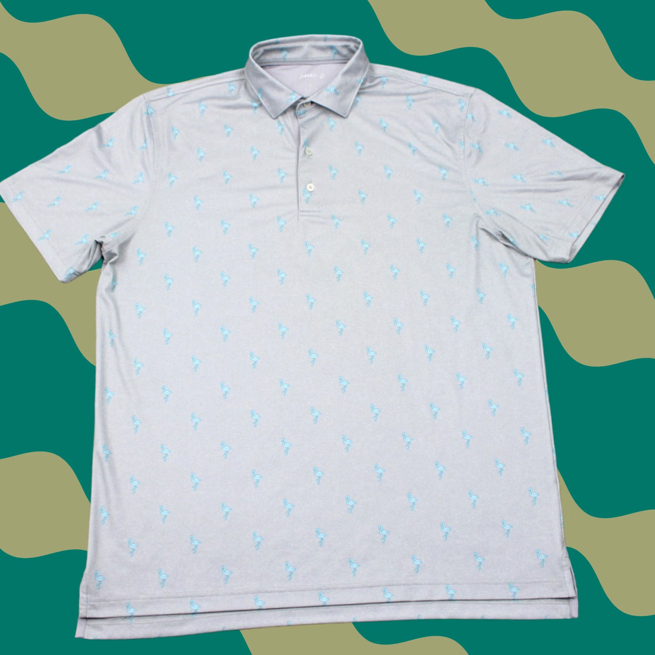 johnnie-O Johnnie-O Polo AOP Shirt Mens Large Gray w/ Blue Flamingos All Over Print S/S Size US L / EU 52-54 / 3 - 1 Thumbnail
