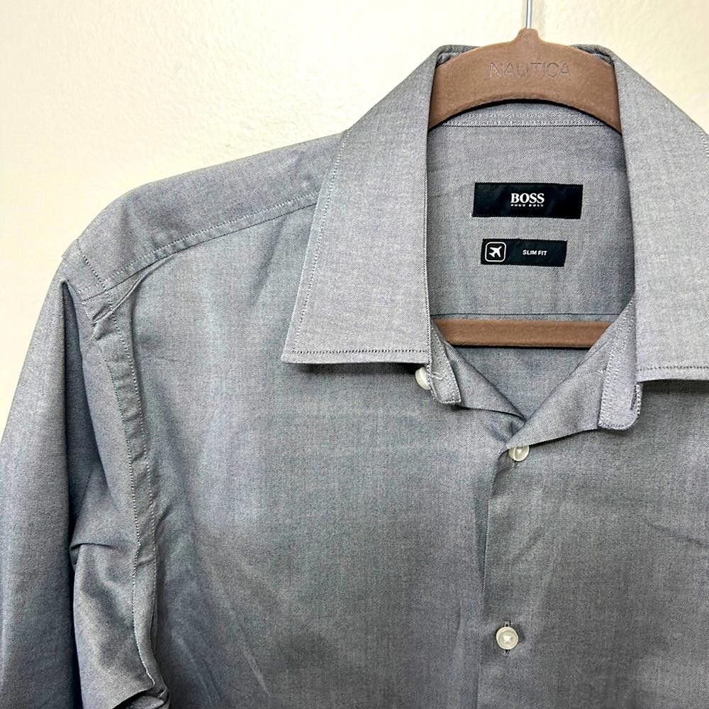 Hugo Boss Slim Fit - BOSS -sz15.5-Silver Grey-100% Ctn Travel Fabric Size 38R - 1 Thumbnail
