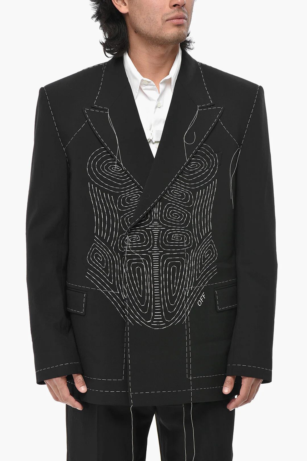 Off-White og1mm0426 Embroidered Cotton Double-Breasted Blazer in Black Size US L / EU 52-54 / 3 - 1 Thumbnail