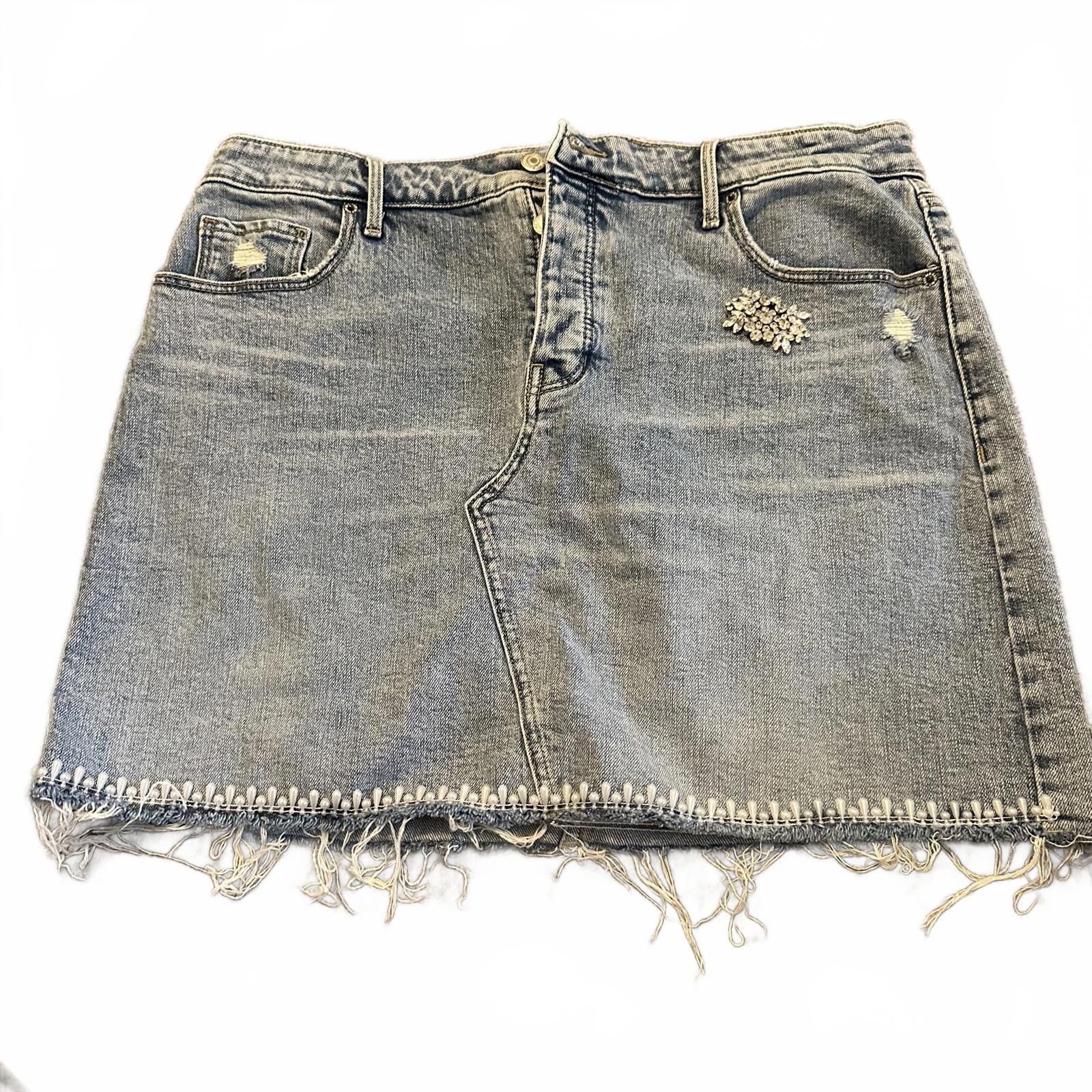 Designer Distressed Denim Skirt with Decorative Bows - 14 Size 36" / US 14 / IT 50 - 1 Thumbnail