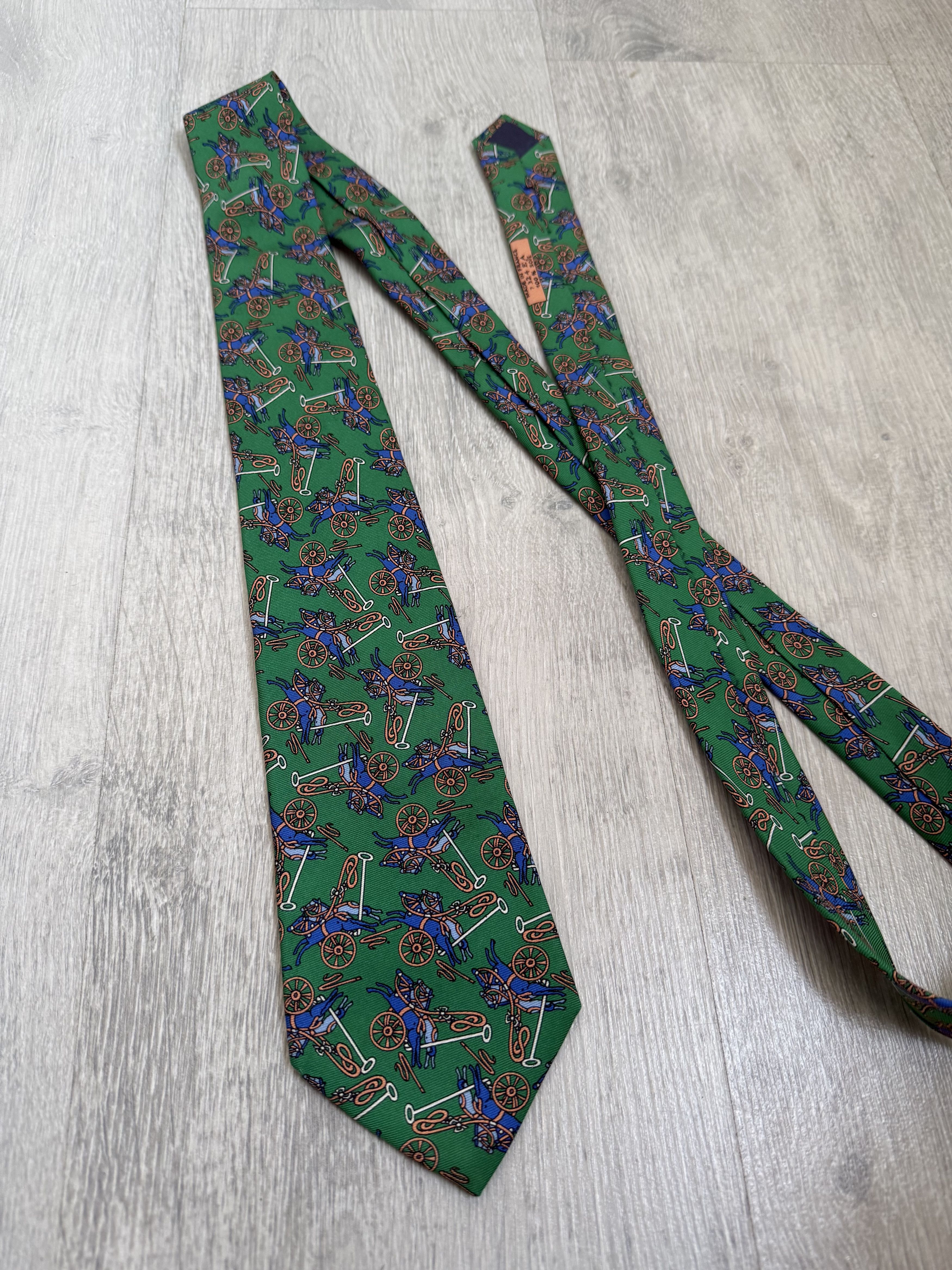Hermes Hermes Paris Silk Tie Green Equestrian Horse Carriage Print Size ONE SIZE - 7 Thumbnail