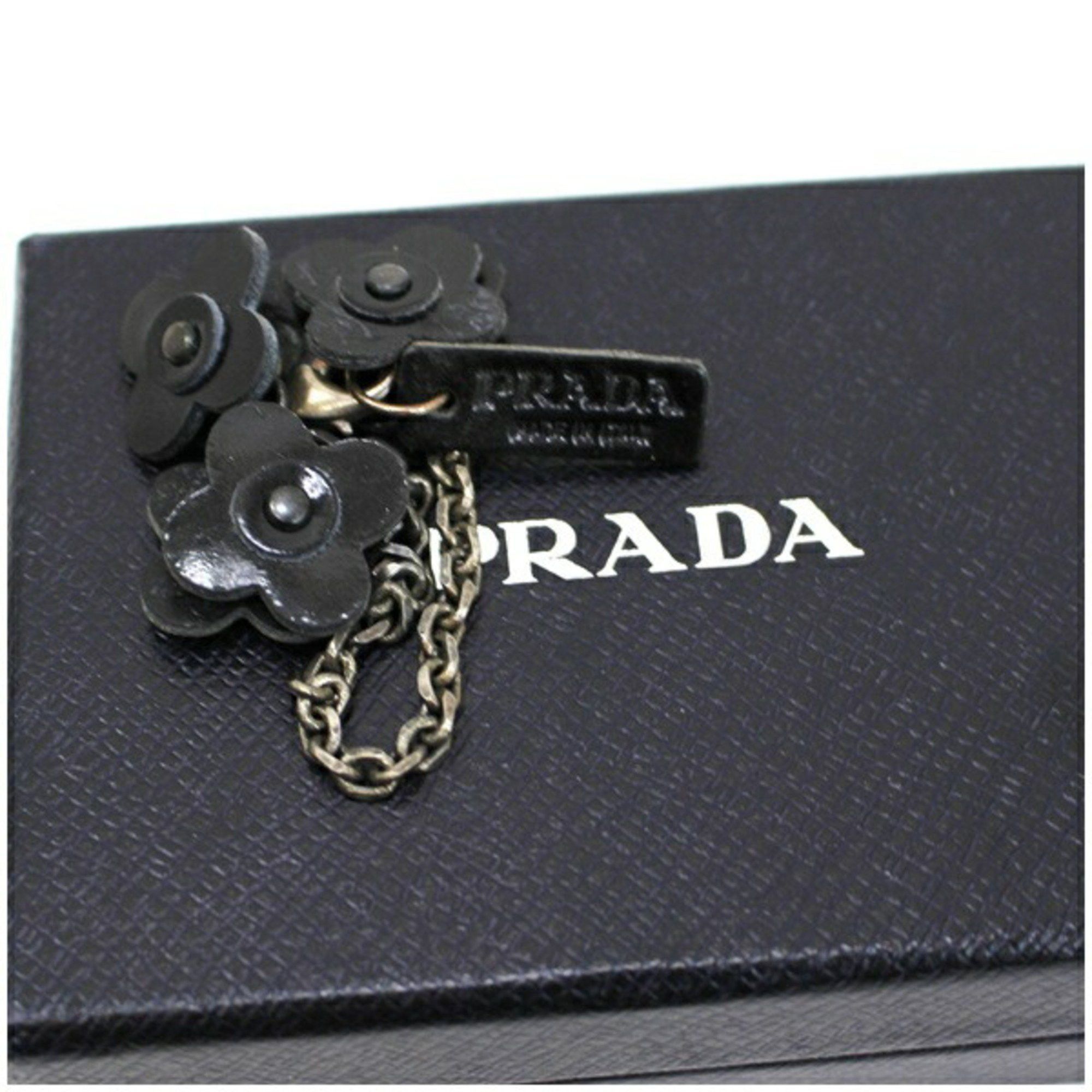 image of Prada Back Charm Keychain Chain Patent Flower Motif Ladies in Black, Women's