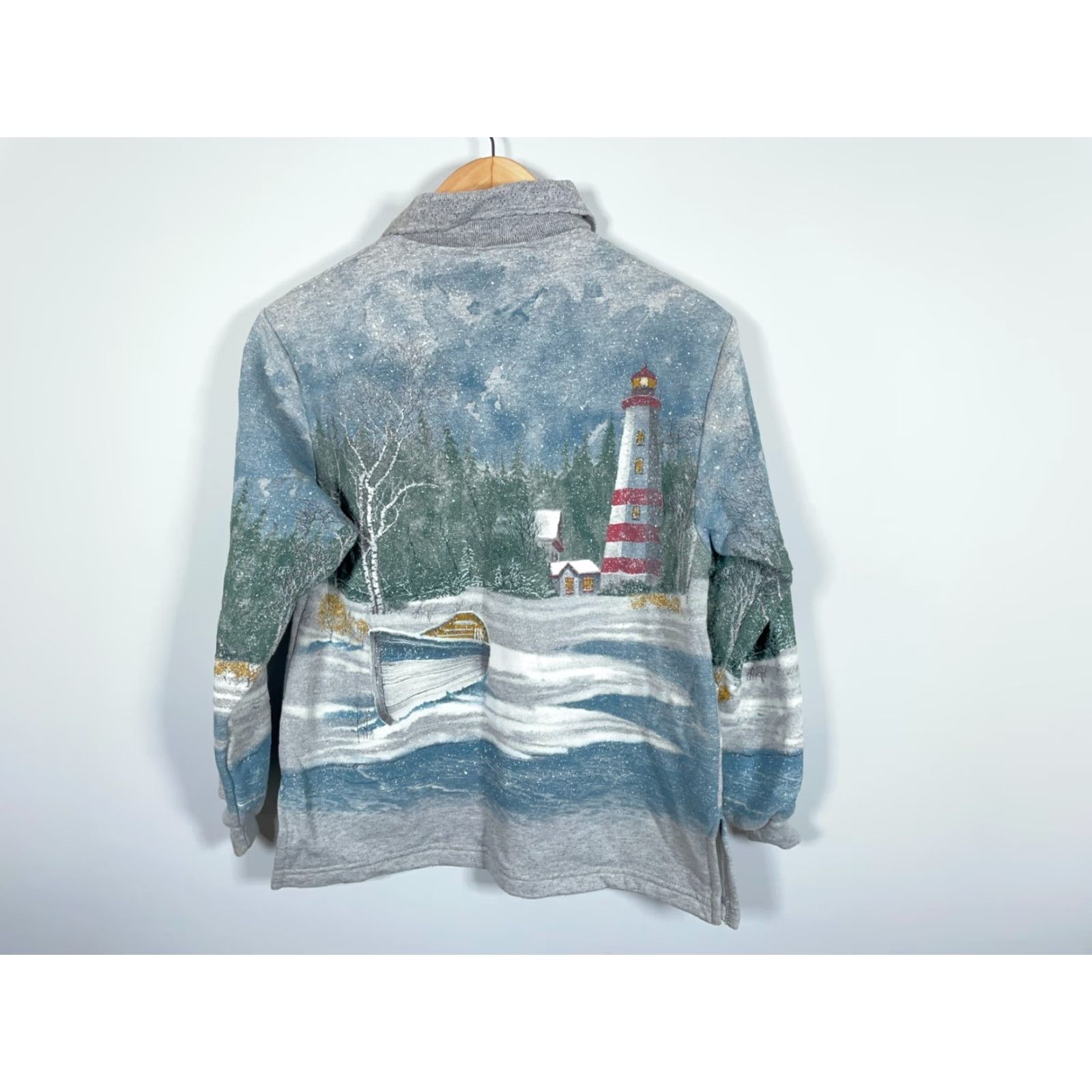 Vintage VINTAGE Artisan's Sweatshirt Women's Small AOP All Over Print 90s Scenic Lighthouse Geometric Print Cap Collared Pullover Navy Gray/Multi Size S / US 4 / IT 40 - 2 Thumbnail