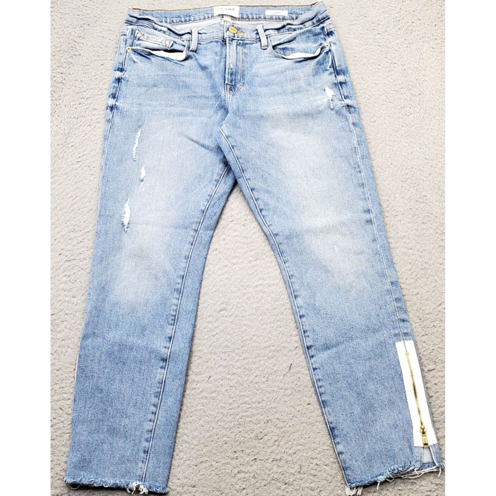 Frame FRAME Le Garcon Jeans Womens Size 28 Blue Denim Distressed Ankle Zip Frayed Hem Jeans Size 28" / US 6 / IT 42 - 2 Thumbnail