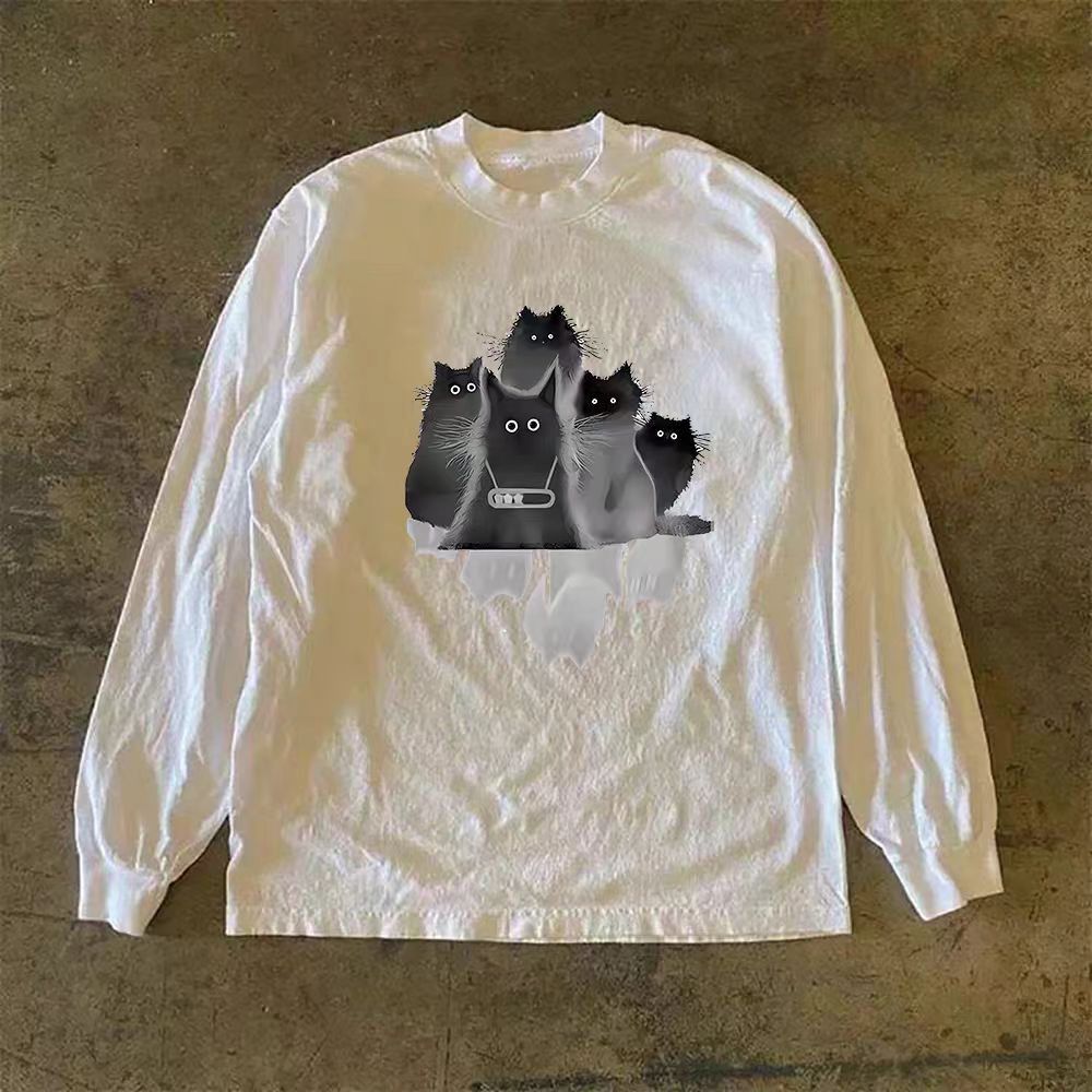 Vintage White casual loose retro cute cat print long-sleeved t-shirt Size US M / EU 48-50 / 2 - 1 Thumbnail
