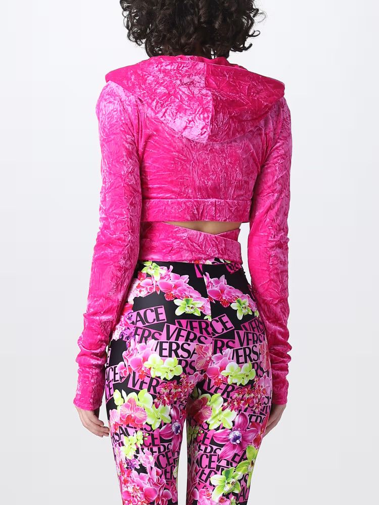Versace o1y0226 Velvet Hooded Crop Top in Fuchsia Size XS / US 0-2 / IT 36-38 - 3 Thumbnail