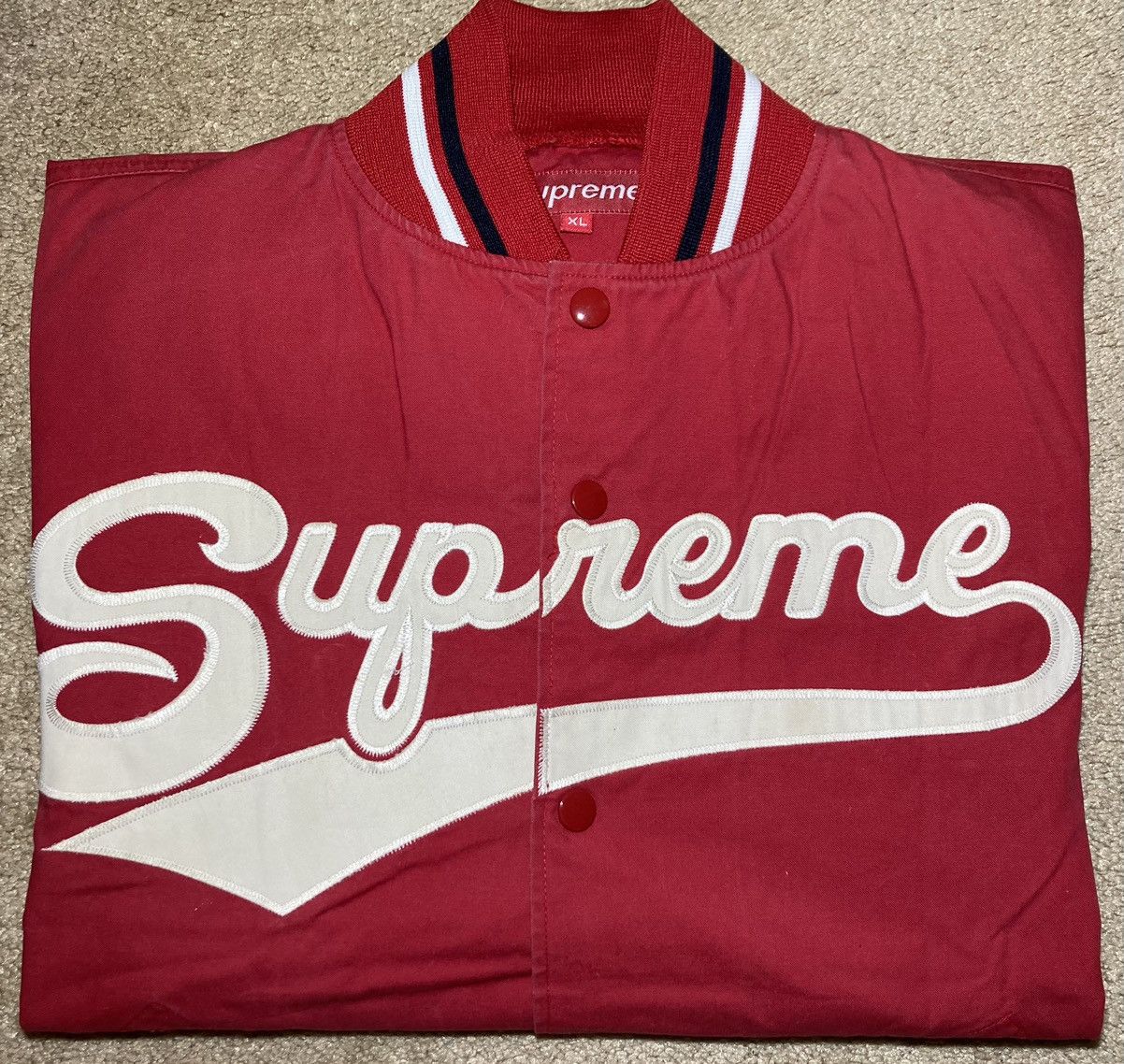 image of 2004 Supreme Varsity Baseball Jacket Script Logo XL Red 90S, Men's