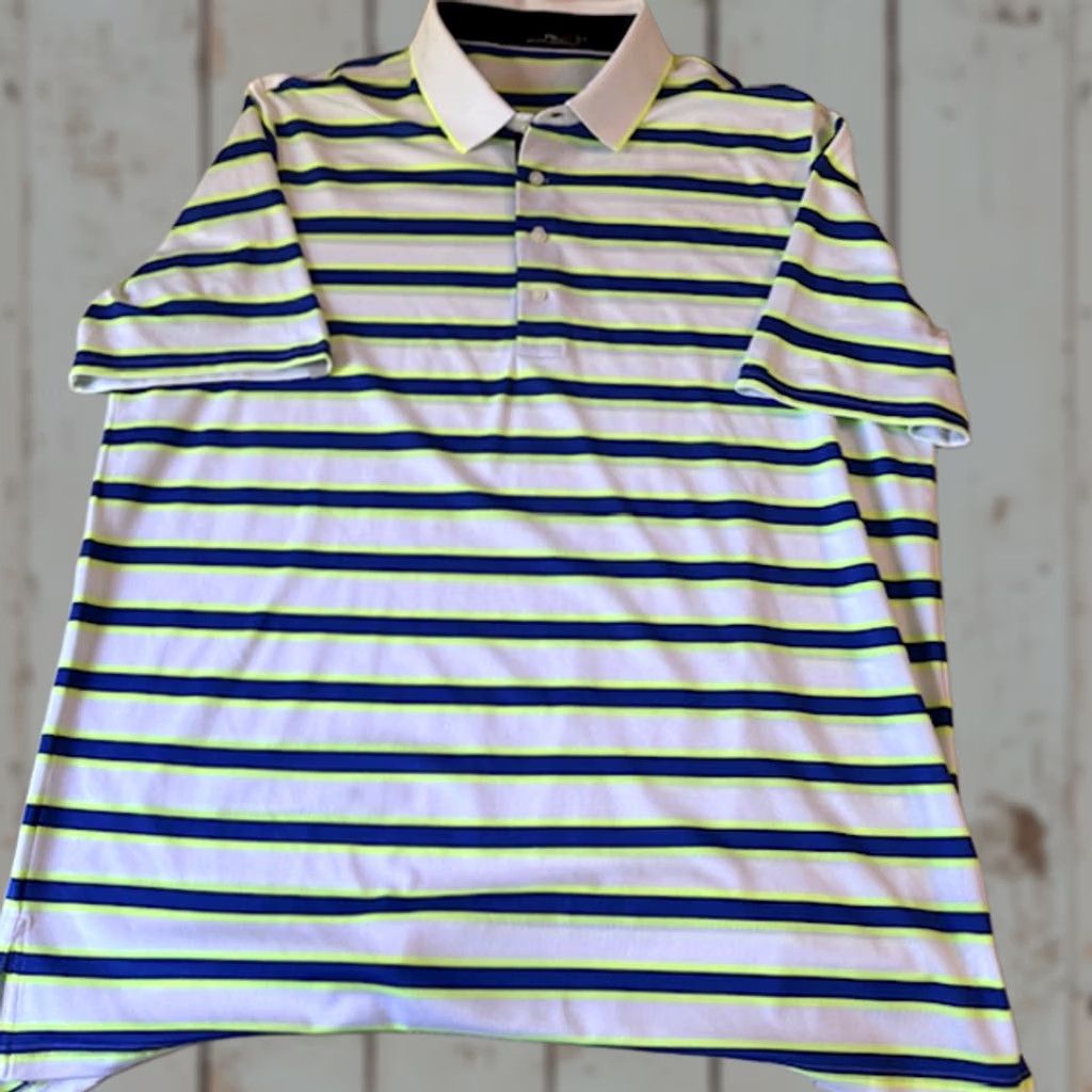 Ralph Lauren RLX Ralph Lauren Short Sleeve Polo Mens XL Chartreuse Blue White Striped Polo Shirt Size US XL / EU 56 / 4 - 1 Thumbnail