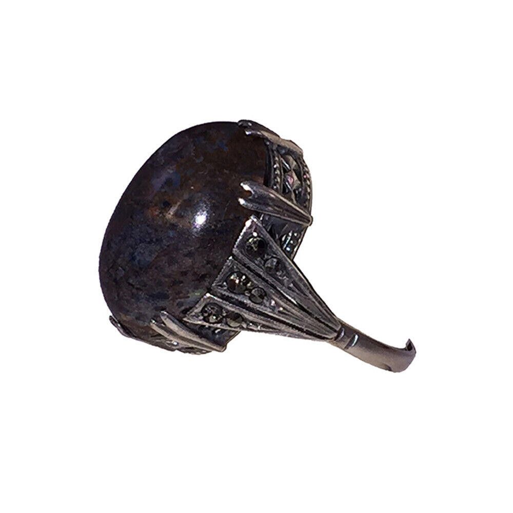 Designer Deco Sterling Oblong Green & Dark Blue Jasper Marcasite Ring Size ONE SIZE - 3 Thumbnail