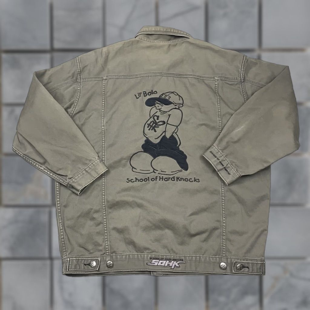 VINTAGE School of Hard Knocks Denim Jacket Mens Adult Large L Gray Oversized Regular Coat/ Jacket