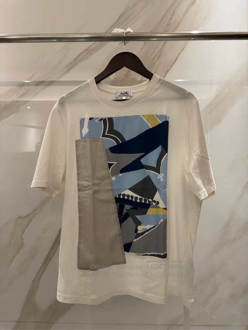 Hermes Hermes White Geometric Patchwork Short Sleeve Size L / US 10 / IT 46 - 1 Thumbnail