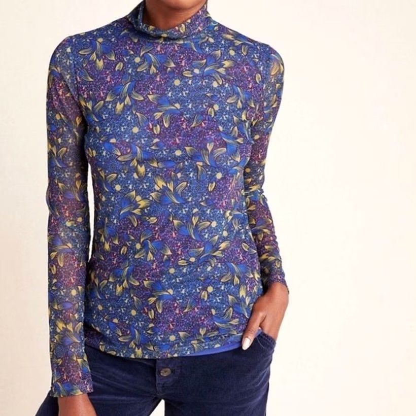 Anthropologie Anthropologie Blouse Floral Sheer Lined Mock Turtleneck Long Sleeve Women’s M Blue Floral Blouse Womens/M Size M / US 6-8 / IT 42-44 - 2 Thumbnail