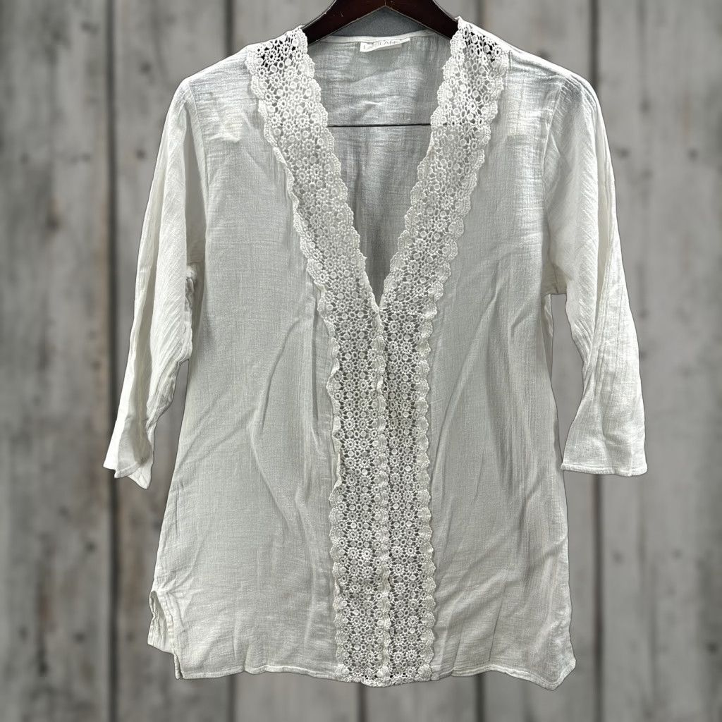 Vintage La Blanca Tunic Blouse Womens Large White Crochet Lace Trim Cover-Up Beach Boho Size L / US 10 / IT 46 - 1 Thumbnail