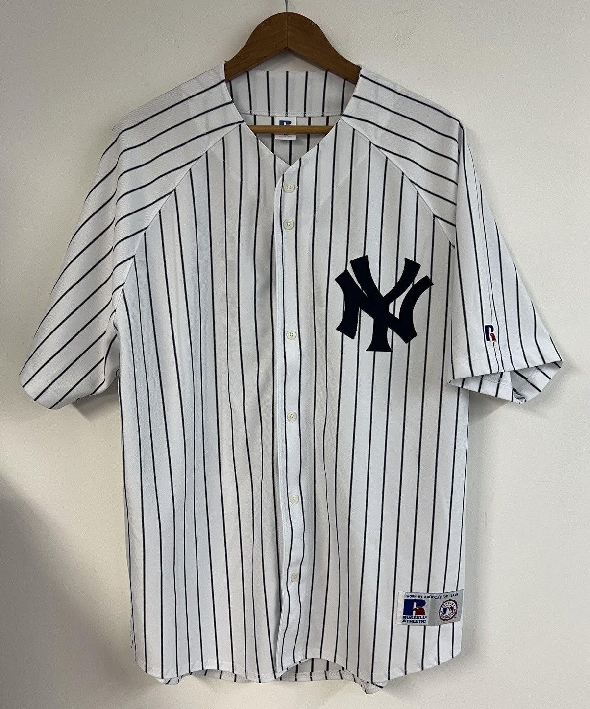 image of New York Yankees x Russell Athletic VTG Stitched Russell Athletic Ny Yankees Pinstripe Jersey in Wh