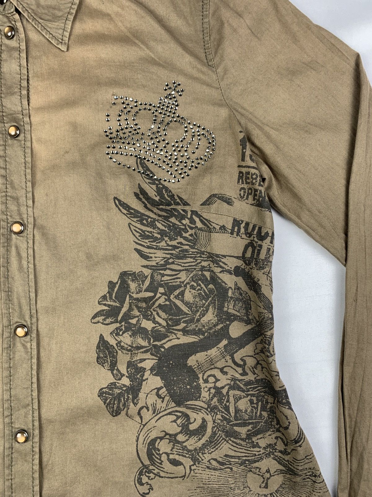 Esprit y2k Esprit Army Green Grunge Graphic Snap Button Shirt Size M / US 6-8 / IT 42-44 - 5 Thumbnail