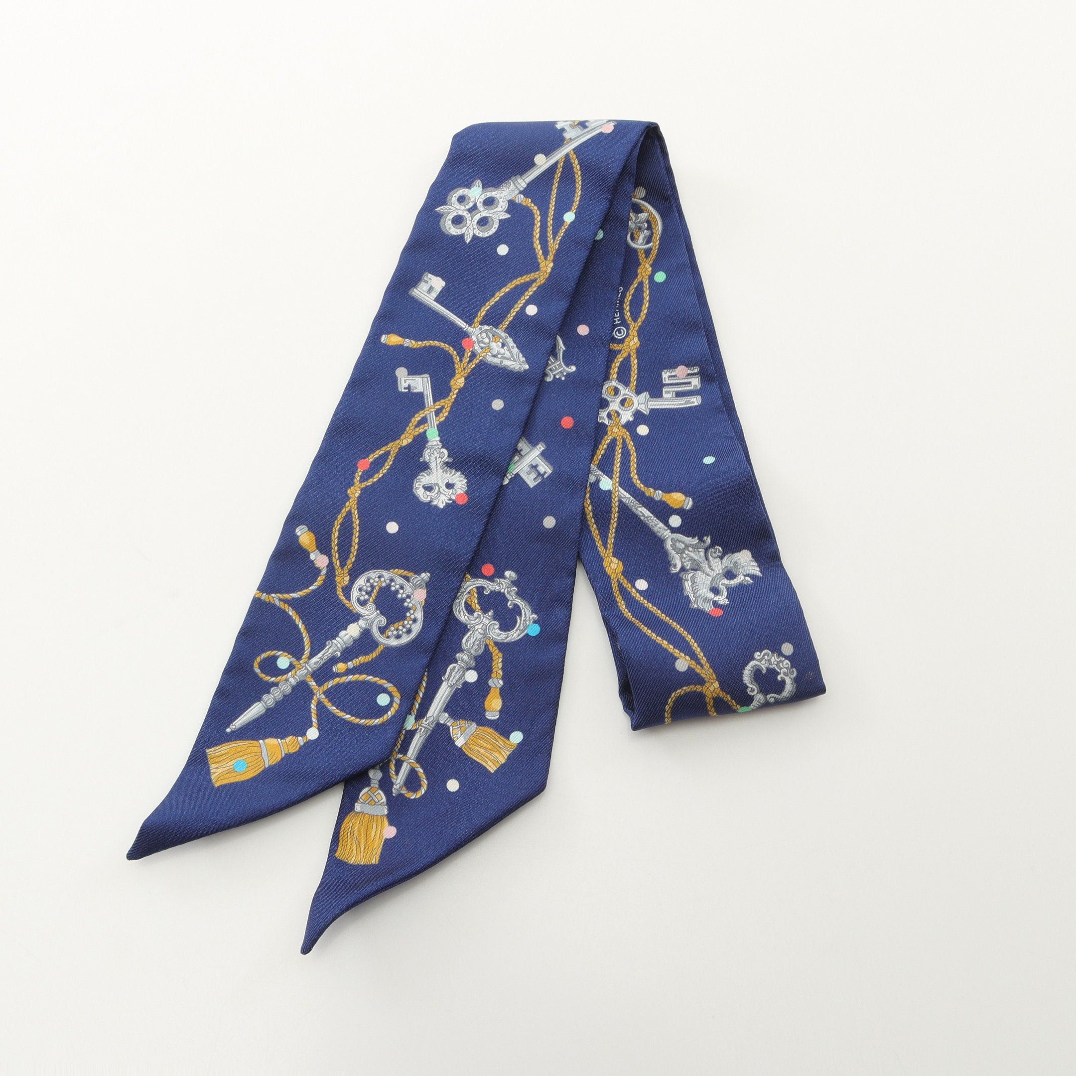 Hermes Twilly Les Cles A Pois Ribbon Scarf Silk Navy Multicolor
