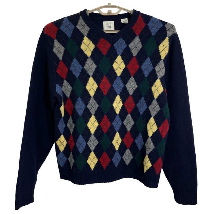 Gap Vintage 80's Mens Gap Argyle V neck Sweater 100 Wool Large Grailed