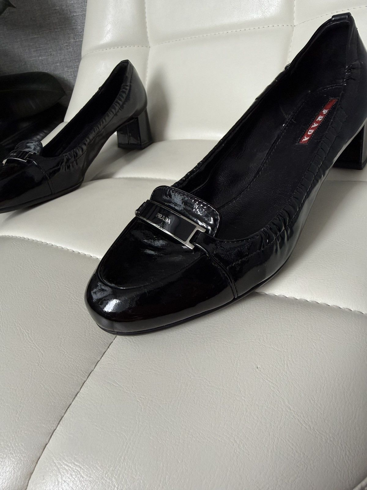Prada Prada Linea Rossa Patent Leather Loafers Block Heel Shoes Size US 7 / IT 37 - 3 Thumbnail