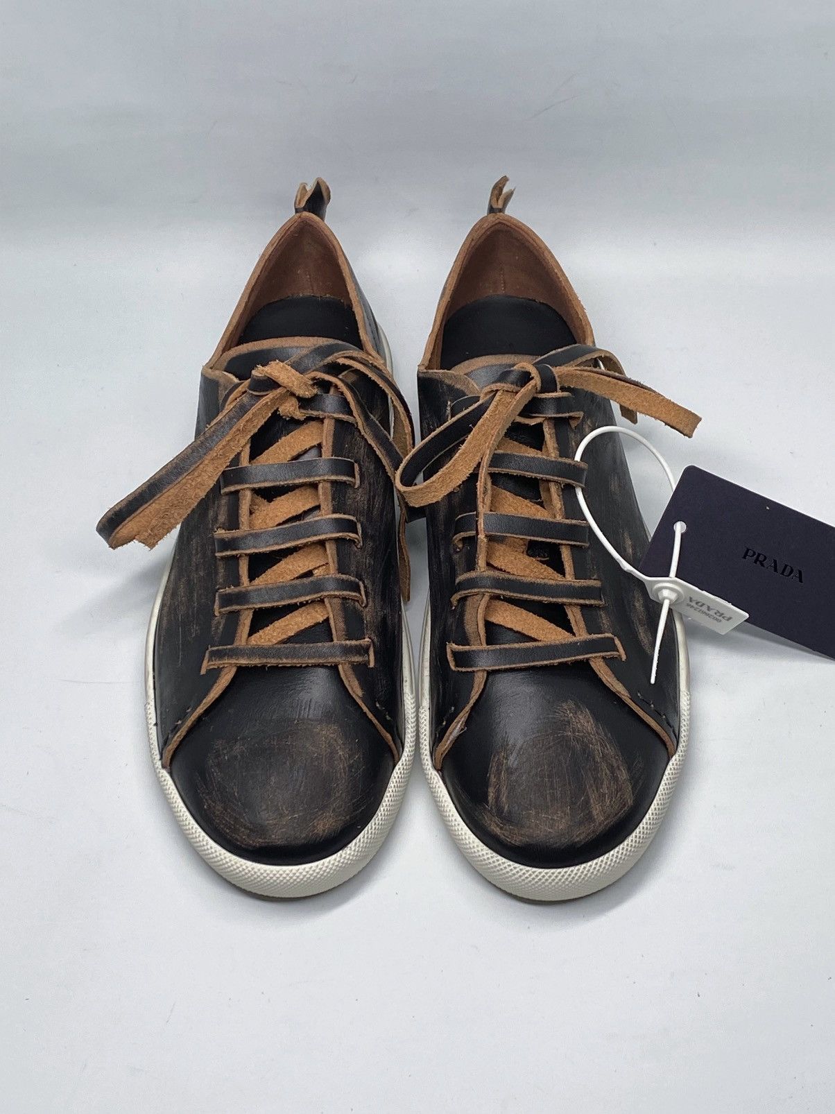 Prada Prada Distressed Low-Top Leather Sneakers size 38.5 Size US 8.5 / IT 38.5 - 6 Thumbnail