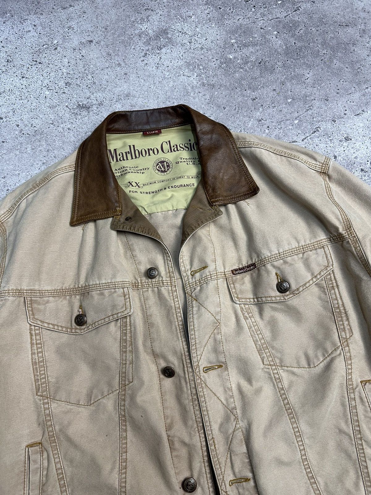 Vintage Vintage Marlboro Boxy Denim Jacket Beige Distressed Rare Size US XL / EU 56 / 4 - 12 Thumbnail