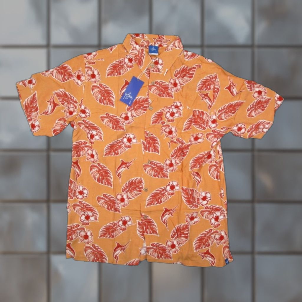 Guy Harvey VINTAGE AFTCO Guy Harvey Men's Large orange floral Marlin Hawaiian shirt casual short sleeve button-up beach tropical summer Size US L / EU 52-54 / 3 - 1 Thumbnail