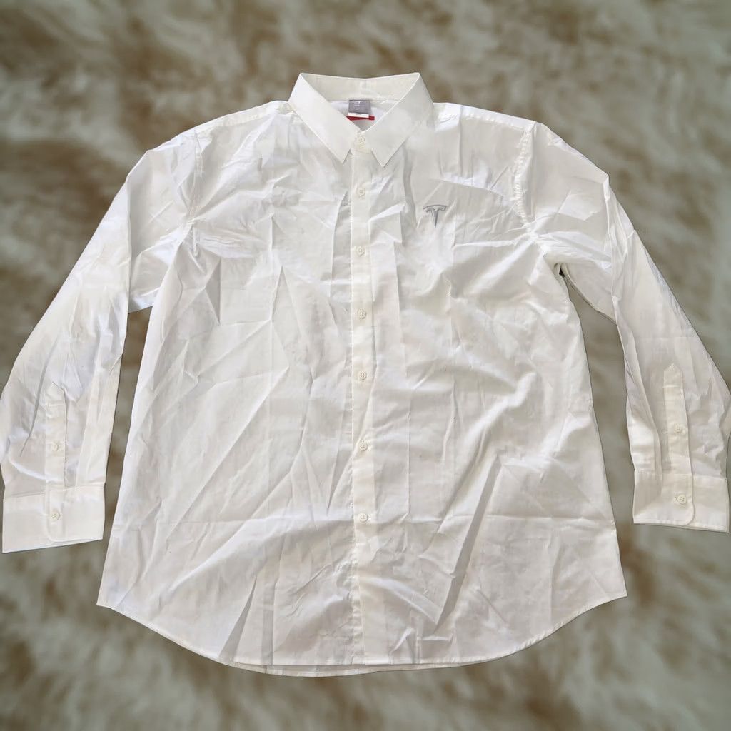 Vintage Tesla Automotive Dress Shirt Button Up Mens 2XL White Regular Spread Collar Button-Front Logo Embroidered Cars Size 48R - 1 Thumbnail