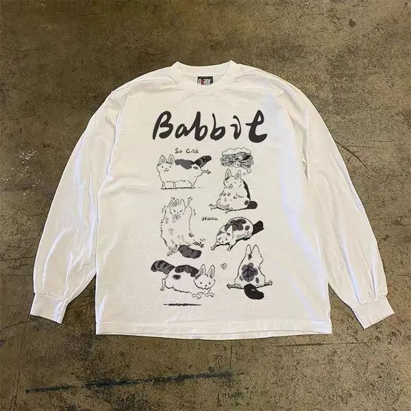 Japanese Brand VIBE White casual retro cat print long sleeve t-shirt Size US L / EU 52-54 / 3 - 1 Thumbnail