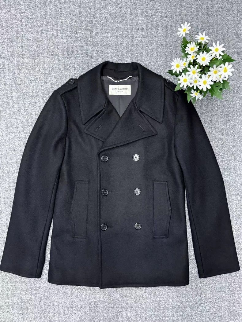 Yves Saint Laurent Black Wool Double-Breasted Coat with Leather Collar Size US XL / EU 56 / 4 - 1 Thumbnail