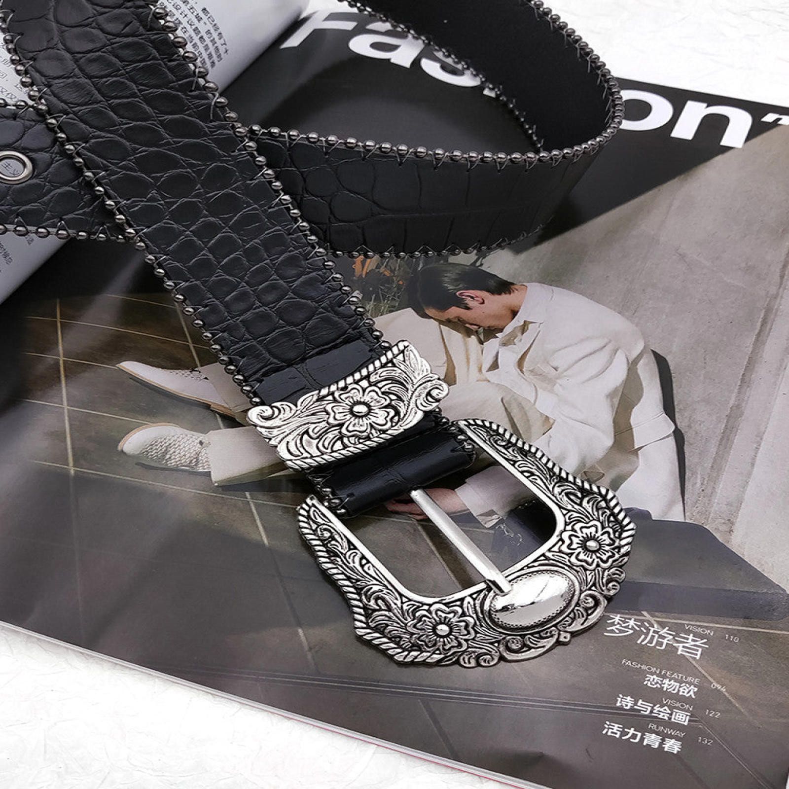 Vintage Black Crocodile Pattern Belt with Decorative Silver Buckle Size ONE SIZE - 7 Thumbnail