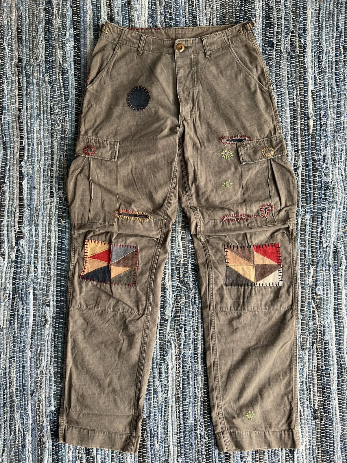 Beauty Beast Gowest Hand Stitches Hybrid Patchwork Leather Cargo Pants Size US 29 - 1 Thumbnail