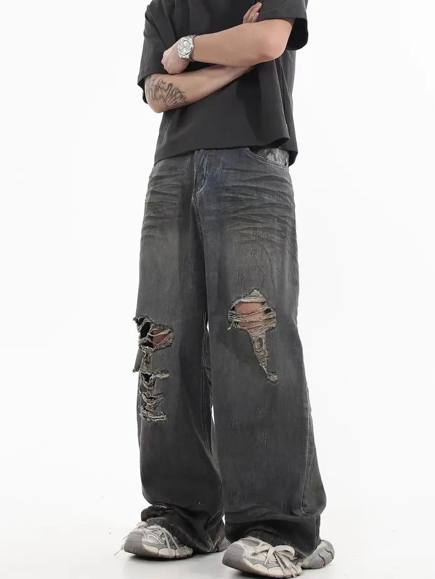 Designer × Japanese Brand Faded gray ripped washed and distressed baggy jeans Size US 33 - 2 Thumbnail