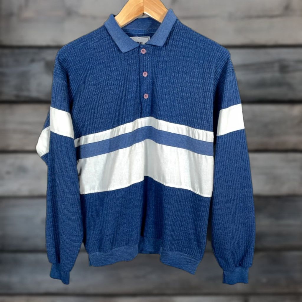 Vintage Vintage Yes Huk-a-Poo Polo Long Sleeve Waffle Knit 80s Striped Blue White XL? Wait characters. Size US M / EU 48-50 / 2 - 1 Thumbnail