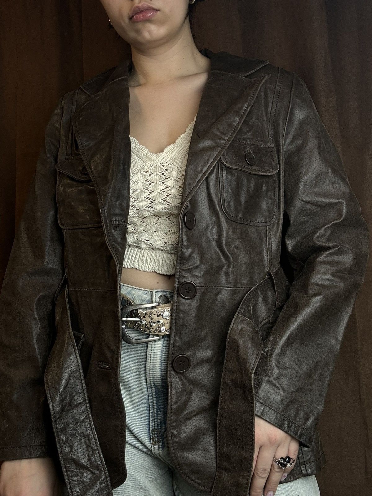 New Look × Vintage Y2K New Look Inspire Vintage Leather Brown Biker Jacket Size XXL / US 16-18 / IT 52-54 - 2 Thumbnail