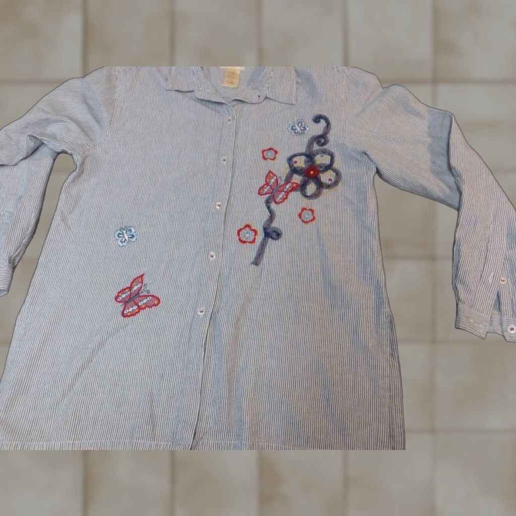Vintage Bobbie Brooks Womens Button-Up Shirt L Blue Striped Floral Pattern Casual Long Sleeve Collared Ruffle Down Breathable Regular Polyester Vintage No Size L / US 10 / IT 46 - 1 Thumbnail