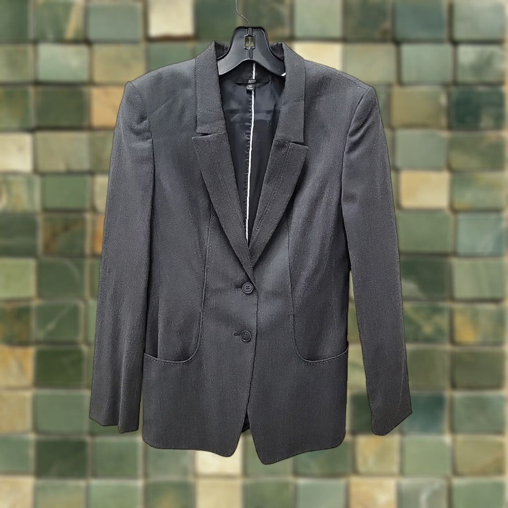 Vintage Hugo Boss Womens Blazer Wool Grey JUICY Sports Coat Size 4 Regular Stretch Wool Blend Cotton Blend Cotton Chest 17.5 Length 27 Mens Womens Girls Boys Size S / US 4 / IT 40 - 1 Thumbnail